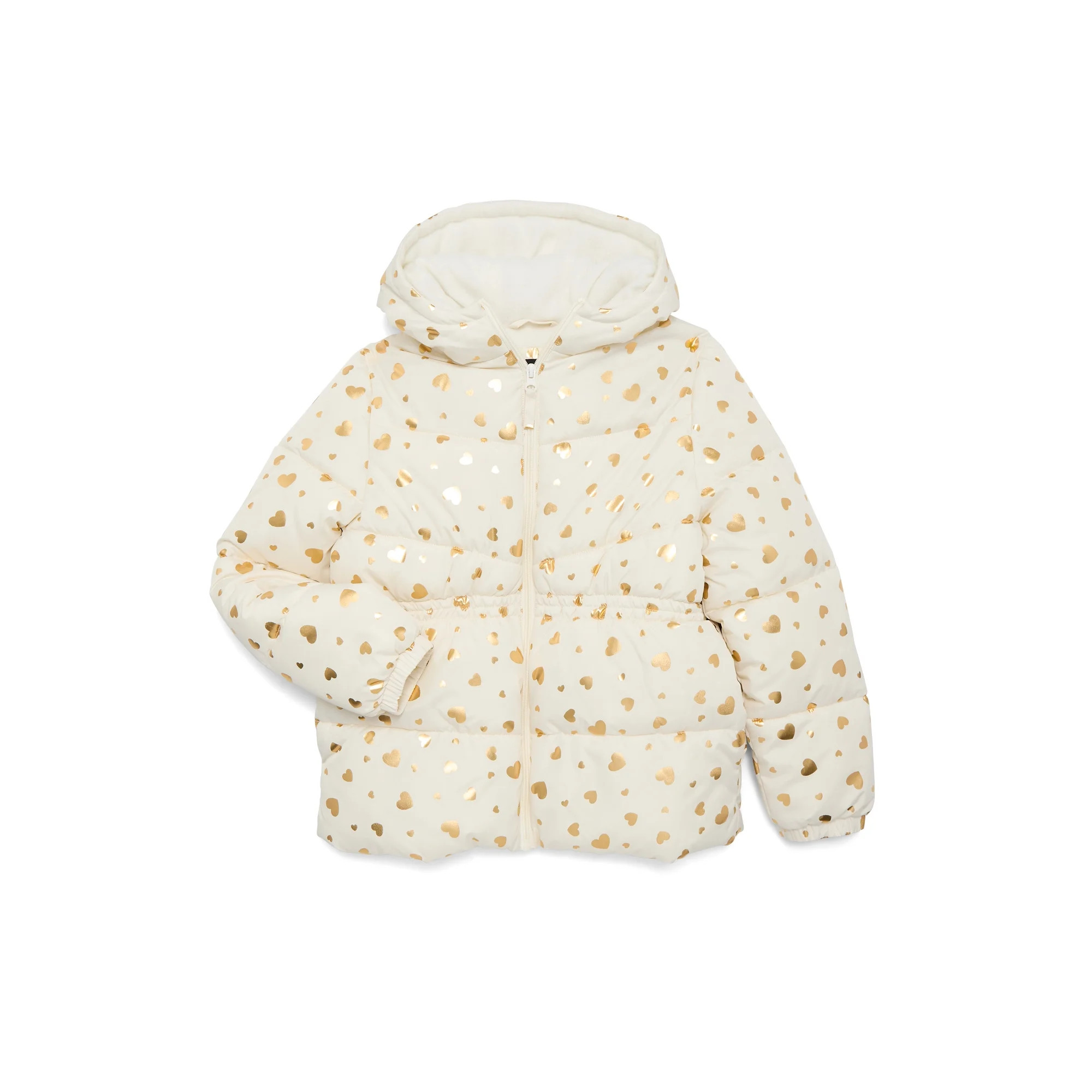 Pink Platinum Girls Heart Foil Printed Hooded Puffer Jacket with Fleece Lining, Sizes 4-16 | Walmart (US)