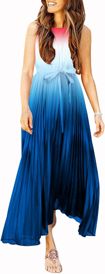 Paintcolors Women's Casual Halter Sleeveless Pleated Long Maxi Dress Backless Loose Ombre Summer ... | Amazon (US)