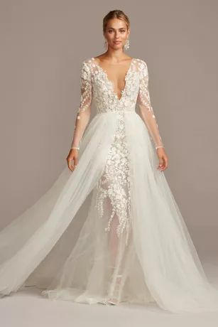 Embroidered Floral Illusion Bodysuit Wedding Dress | David's Bridal | Davids Bridal