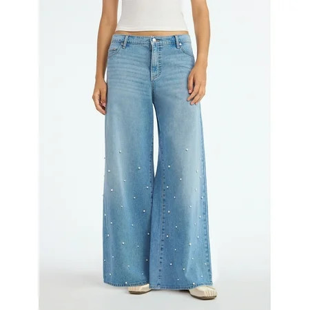 Scoop Women's and Women’s Plus Wide Leg Jeans with Faux Pearl Accents, Sizes 0-26W | Walmart (US)