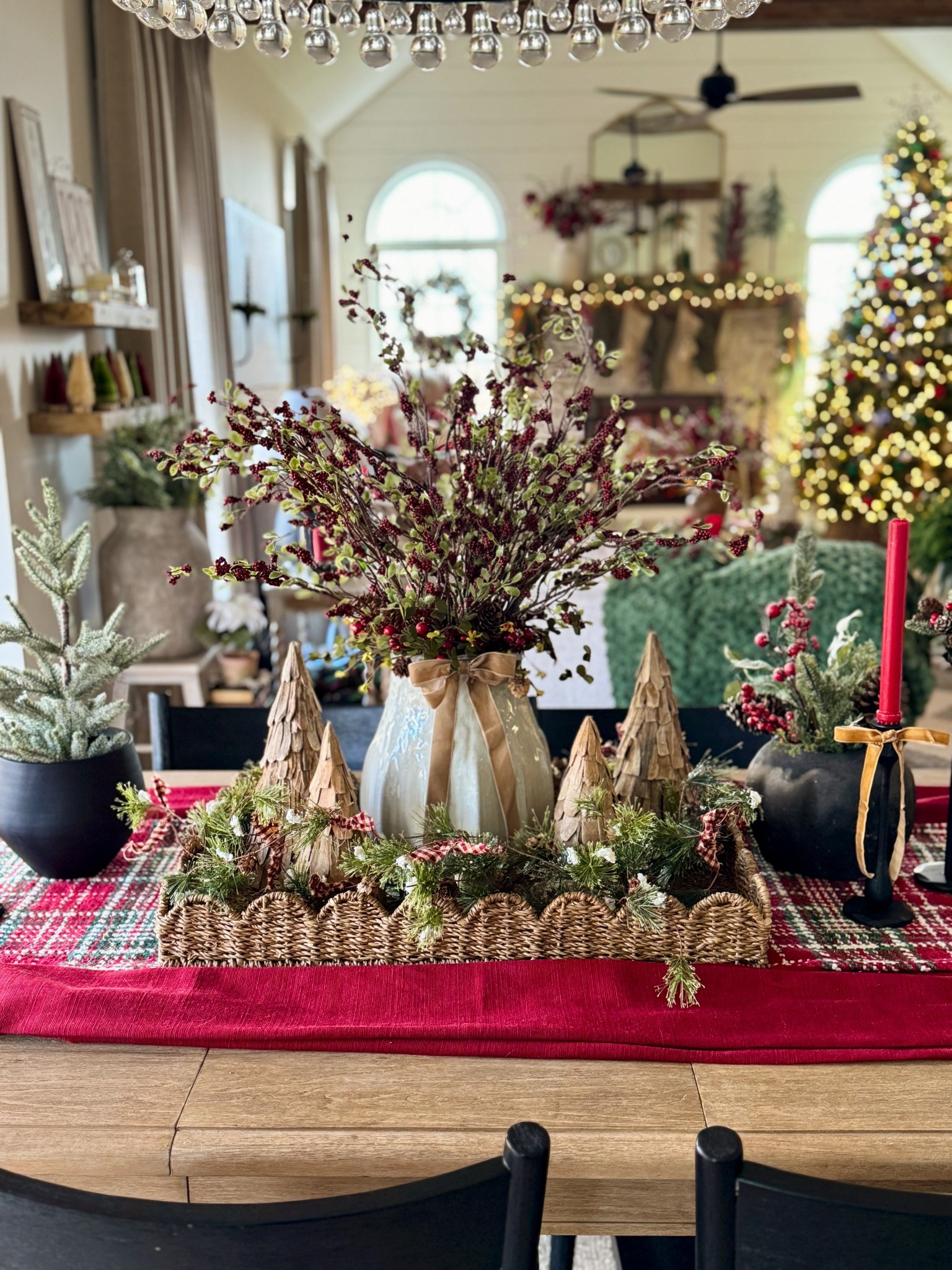 Viral pleated ceramic vase back in stock! Scalloped rectangular tray, rustic trees, premade velvet bows, florals and stems, red taper candles, candle stick holders, red tablecloth used as runner, similar runner as mine, dark green pompom throw, Balsam Hill tree on sale now! 

#LTKHoliday #LTKHome #LTKSaleAlert