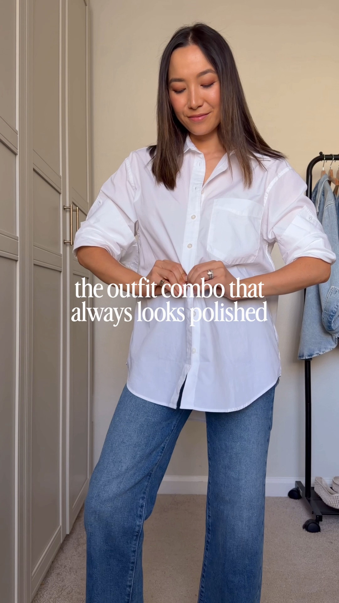 Elevated classics 

Gap poplin big shirt - runs big sized down, xs 
Paige jeans - 25 petite, on sale 
Coach bag - on sale 
SOPHIYA Lucy & Alexa chain 

Classic style, classic outfit, workwear, style over 30, the best button down

#LTKSaleAlert