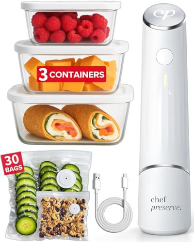Chef Preserve Compact Vacuum Sealer for Food (Vacuum Sealer Machine + 3 Glass Vacuum Containers + 30 Reusable Vacuum Bags) Powerful Handheld Vacuum Seal Machine, Seal Meal Saver, Portable Food Sealer | Amazon (US)