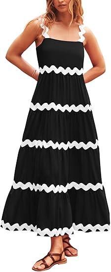 PRETTYGARDEN Women's 2024 Summer Maxi Sundress Spaghetti Strap Rickrack Ruffle Flowy Boho Casual ... | Amazon (US)