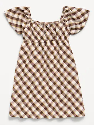 Short Flutter-Sleeve Crinkled Plaid Dress for Girls | Old Navy (US)