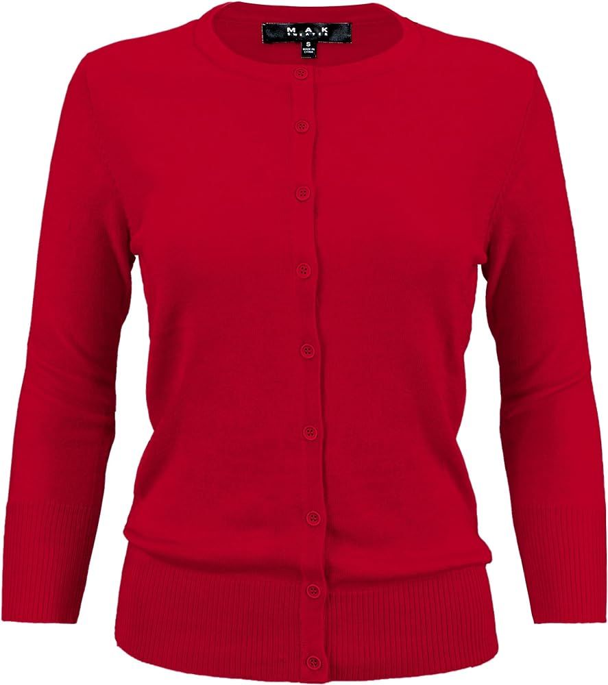 YEMAK Women's Knit Cardigan Sweater – 3/4 Sleeve Crewneck Basic Classic Casual Button Down Soft... | Amazon (US)