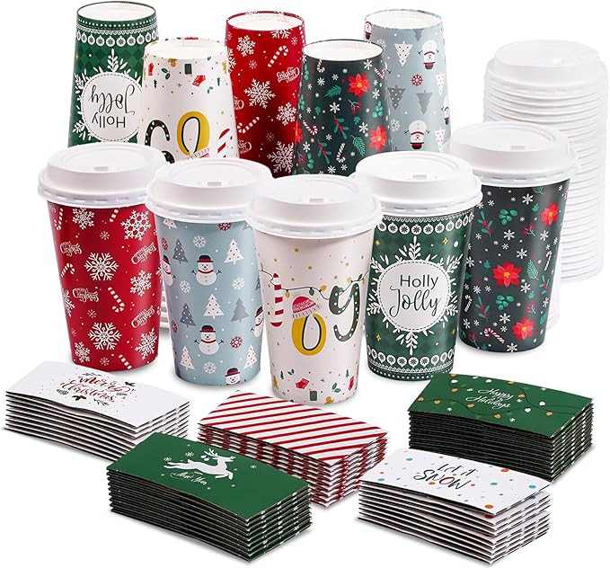 50 Pack Christmas Disposable Coffee Cups with Lids & Sleeves, To Go Coffee Cups 16 oz, Holiday Pa... | Amazon (US)
