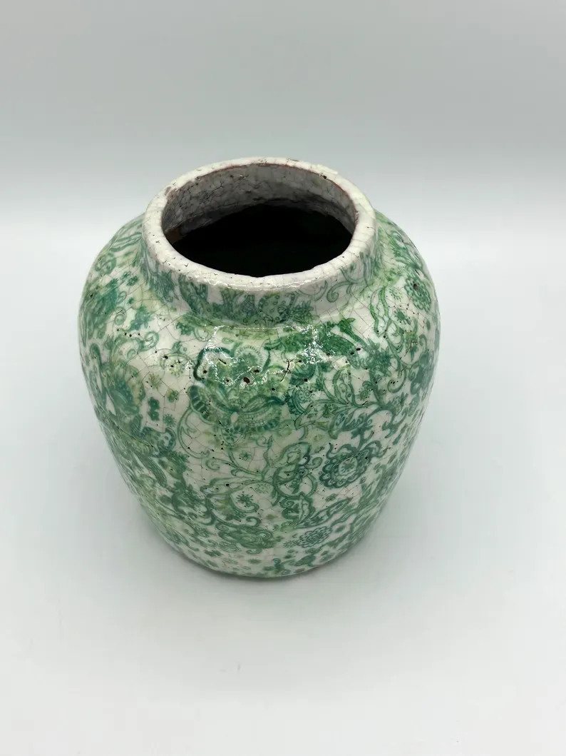 Antique Green & White Crackle Glaze Jar Early 20th Century Chinoiserie Style Heavy Earthenware Va... | Etsy (US)