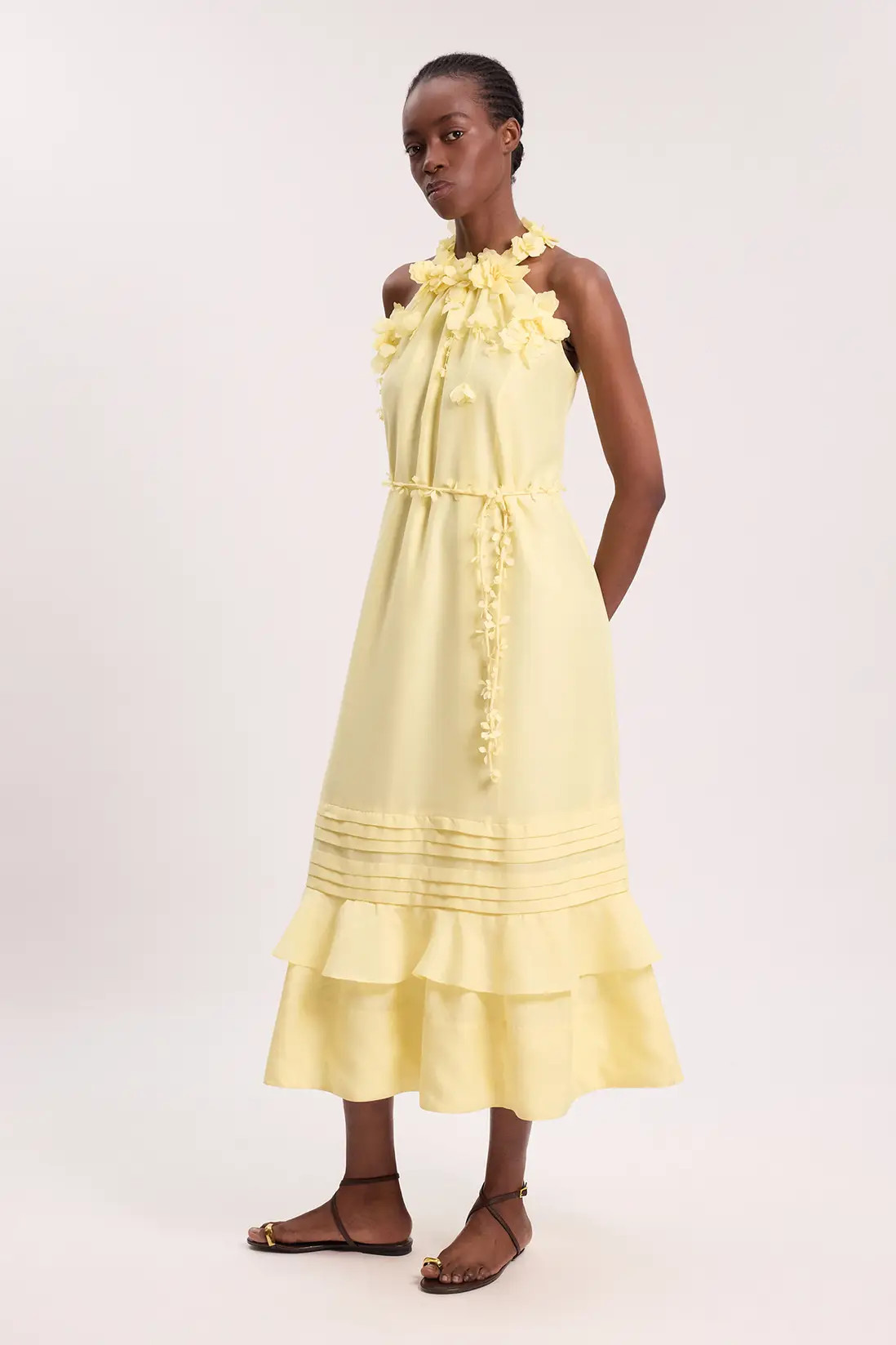 Lemon Floral Applique Woven Halter Woven Tier Maxi Dress | Karen Millen | Karen Millen