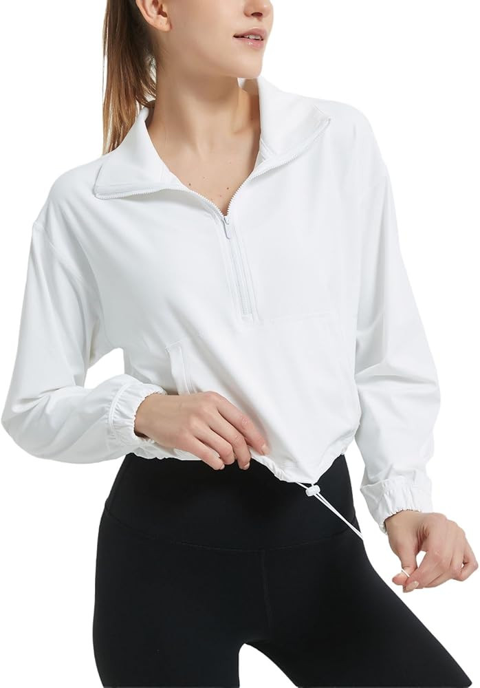 happlan Women's Half Zip Pullover Cropped Jackets Long Sleeve Athletic Running Yoga Workout Shirt... | Amazon (US)