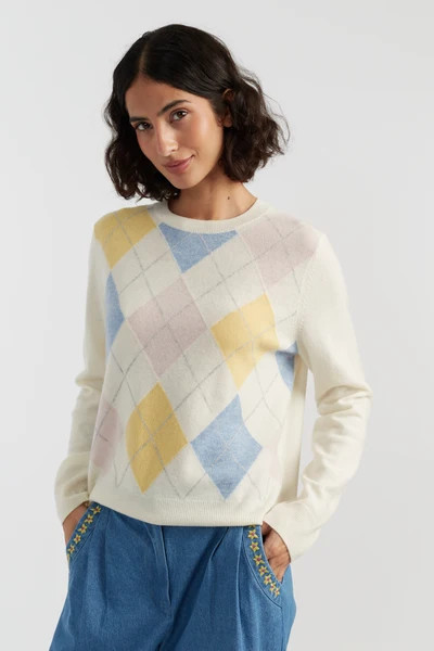 Cream Wool-Cashmere Argyle Sweater | Chinti & Parker