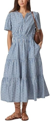 D-Sun Women Short Sleeve Maxi Dress Casual Printed V Neck Striped Elastic Waist Flowy Tiered A Li... | Amazon (US)