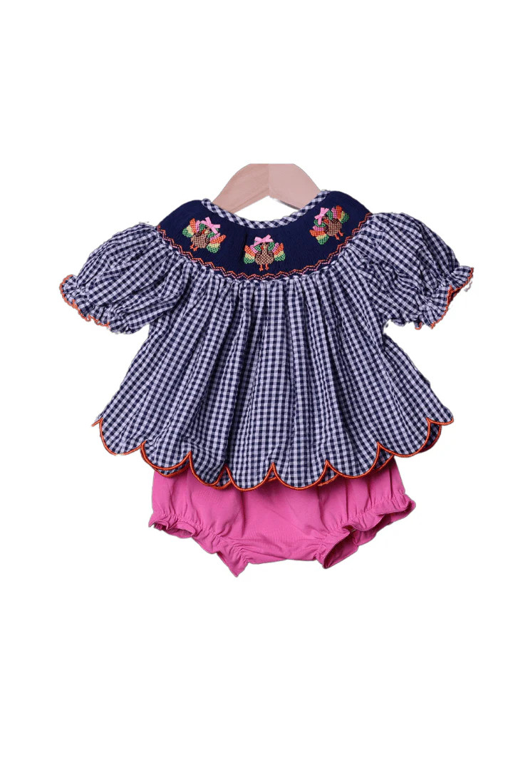 Smocked Navy Seersucker Gingham Turkey Bloomer Set | The Smocked Flamingo