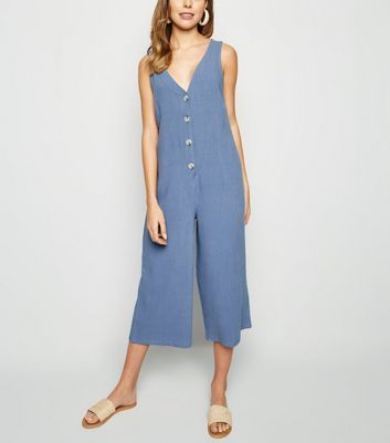 Blue Linen Look Button Front Crop Jumpsuit | New Look | New Look (UK)