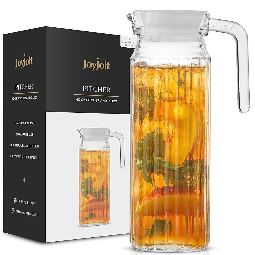 40oz Glass Pitcher with Lid (2 Lids) - Beverage Serveware, Storage Container and Carafe for Cold ... | Amazon (US)