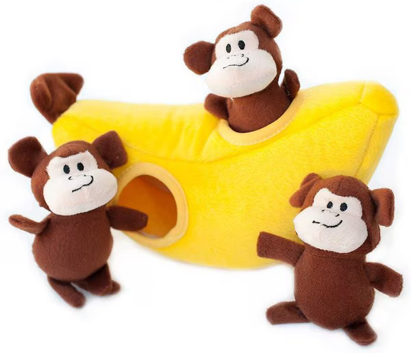 ZIPPYPAWS Burrow Squeaky Hide & Seek Plush Dog Toy, Monkey 'n Banana, Puzzle Set - Chewy.com | Chewy