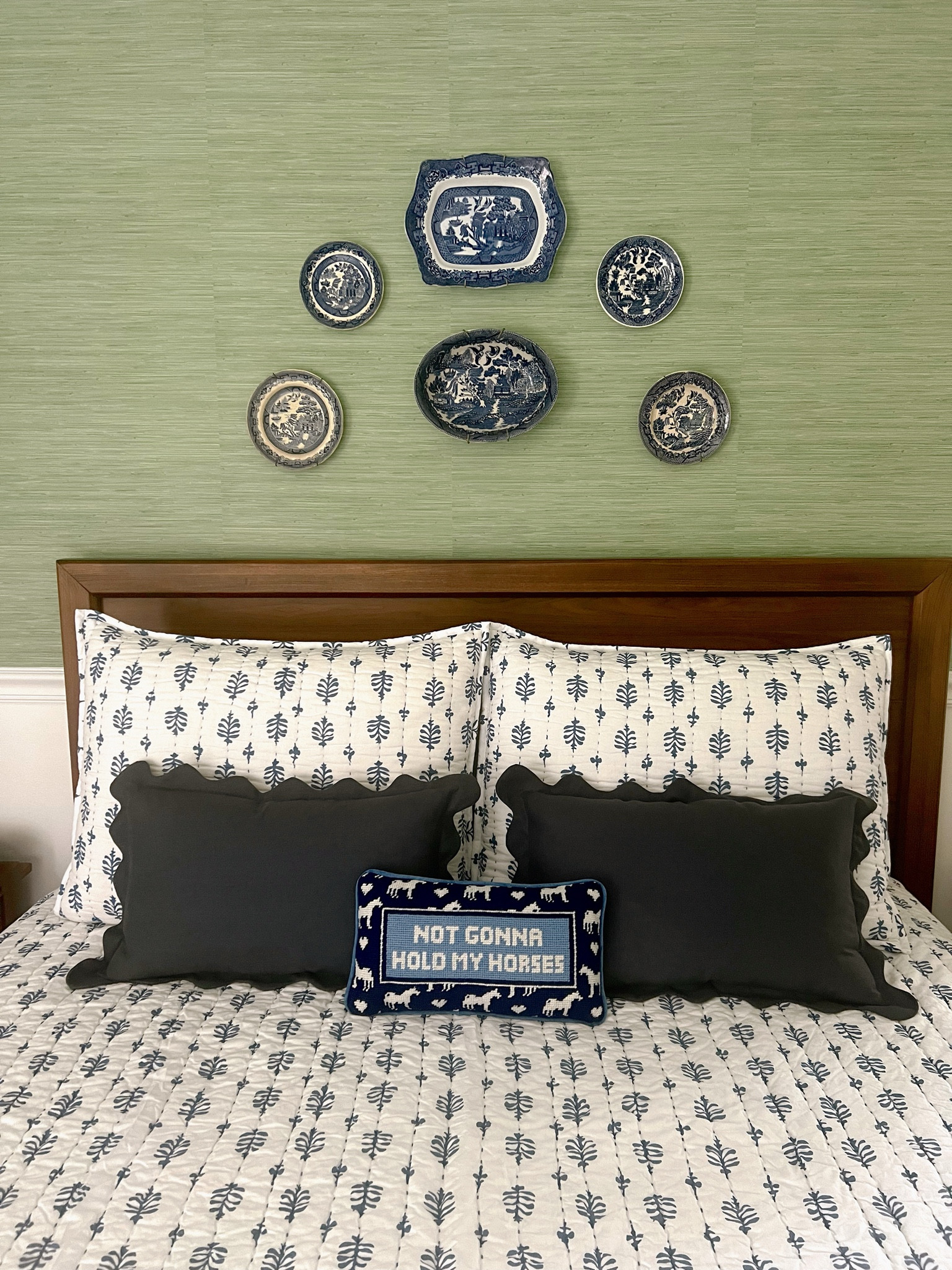 Cozy bedroom redo 💙 blue and white against a sage green grass cloth wall! (Ps. It’s peel and stick)

#LTKHome #LTKSaleAlert #LTKStyleTip