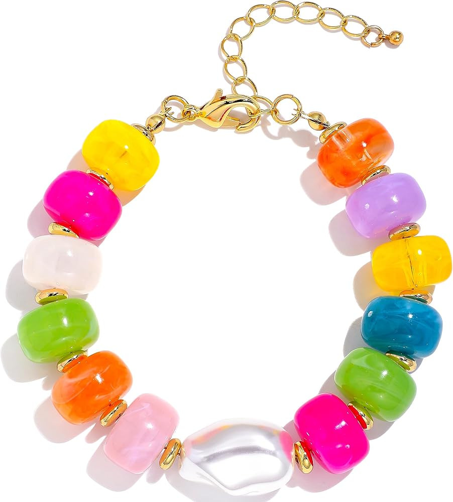Chunky Beaded Bracelets for Women Boho Resin Bracelet with Pearl Colorful Acrylic Statement Handm... | Amazon (US)