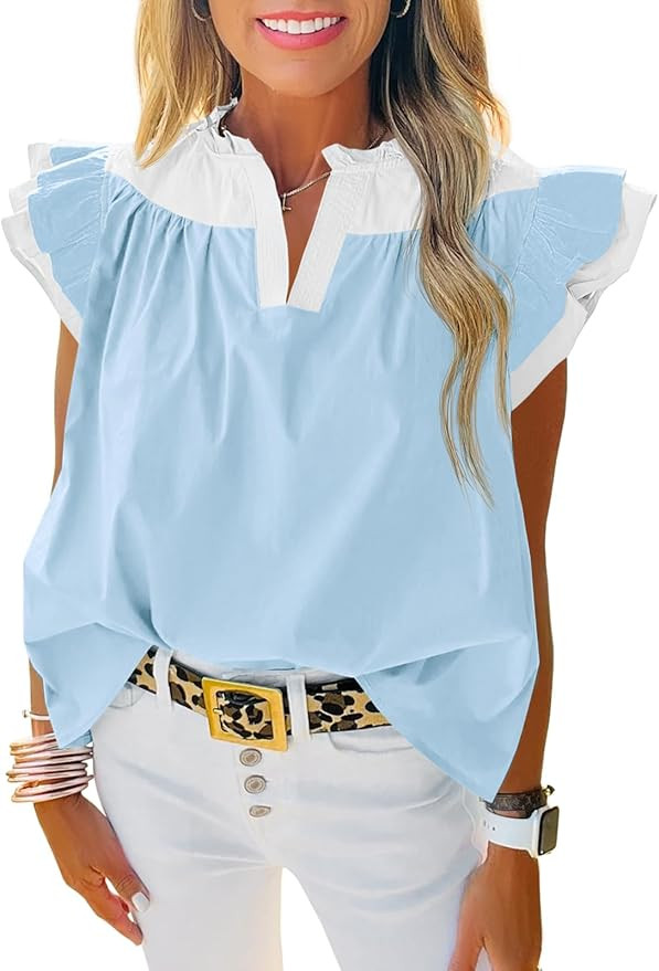 Tankaneo Womens Ruffle Color Block Tank Tops Summer Casual Dressy V Neck Pleated Blouse Loose Fit... | Amazon (US)