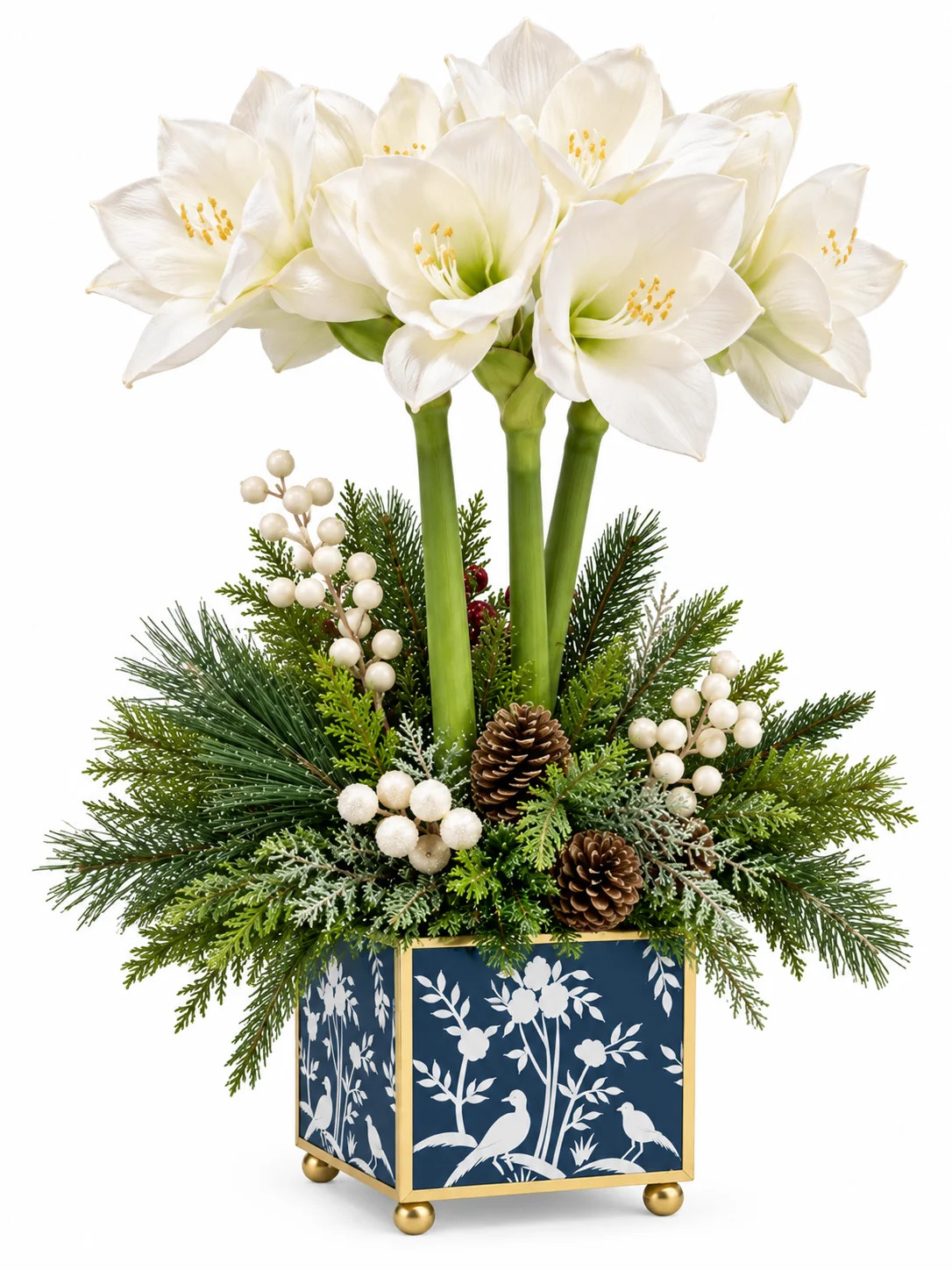 White Amaryllis & Winter Greens in Chinoiserie Planter | The Enchanted Home