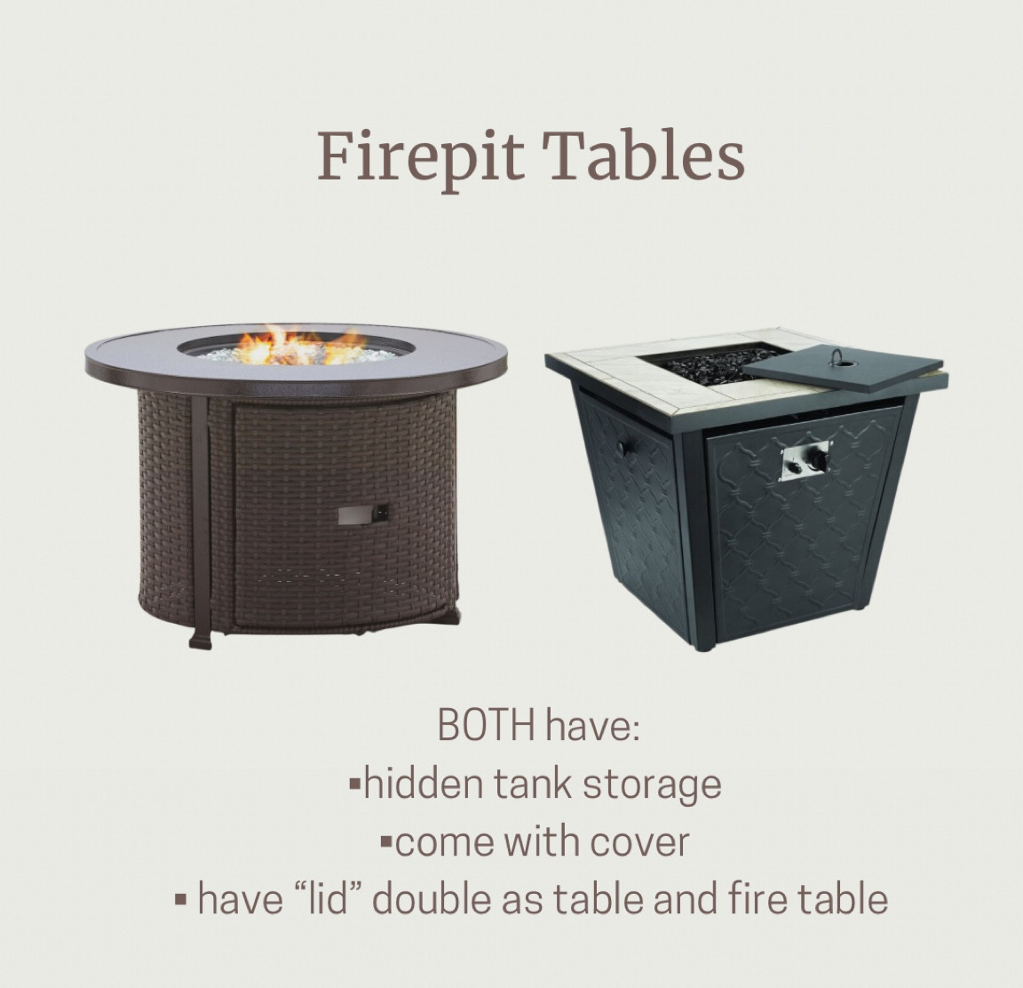Fire tables… both are in stock 
•hidden tank storage underneath 
•both have covers 
•have a “lid” so can serve as a table or firepit 

#LTKSeasonal #LTKhome #LTKFind