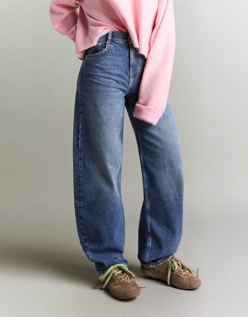 Bershka High-waist barrel jeans in denim blue | ASOS (Global)