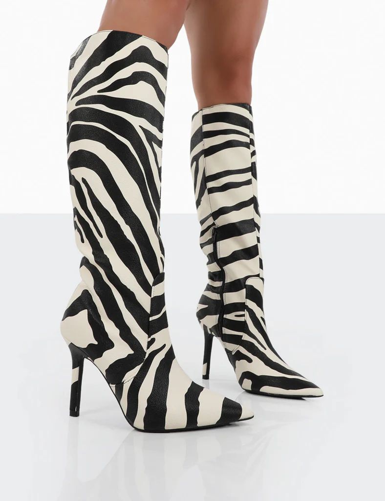 Best Believe Zebra PU Pointed Toe Heeled Knee High Boots | Public Desire (US & CA)