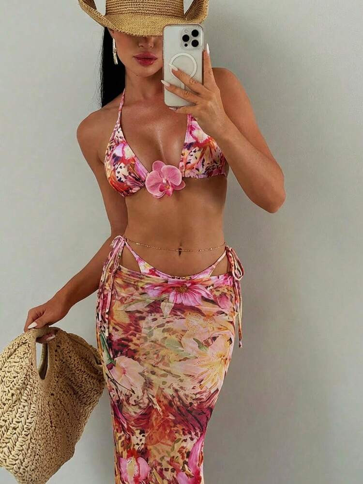 Bonvoyette Floral Lace Trim Swimsuit Set For Women, Suitable For Beach & Holiday For School,Suitable For Holiday, Date, Afternoon Tea, Western, Cruise, Beach, Island, Road Trip, All 2026 New Women's Swimwear Arrival Seasons, Music Festival, Boho Vacation,Bohemian Vacation, Chill Autumn ,Western Boho ,Elegant Tops For Women Tropical Bikini Set Swimsuits 2 Piece Hawaii Bikini Bikini Set Vacation Swim Oasis 2 Piece Beach 2 Piece Set Beach Outfits For Woman Skirt Set Women Beach Wear Two Piece Set Women Multicolor Festival Two Piece Outfit Floral Two Piece Set Tropical Two Piece Set Beach Skirt Set Summer Two Piece Sets Vacation Outfits Woman 2 Piece | SHEIN