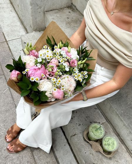 Summer is the month for pretty flowers 🌷 and neutral outfits 🤍 Zara cream off the shoulder knit top, paired with some Goelia white linen trousers and tan Hermes accessories, sandals and belt

#LTKstyletip #LTKsummer