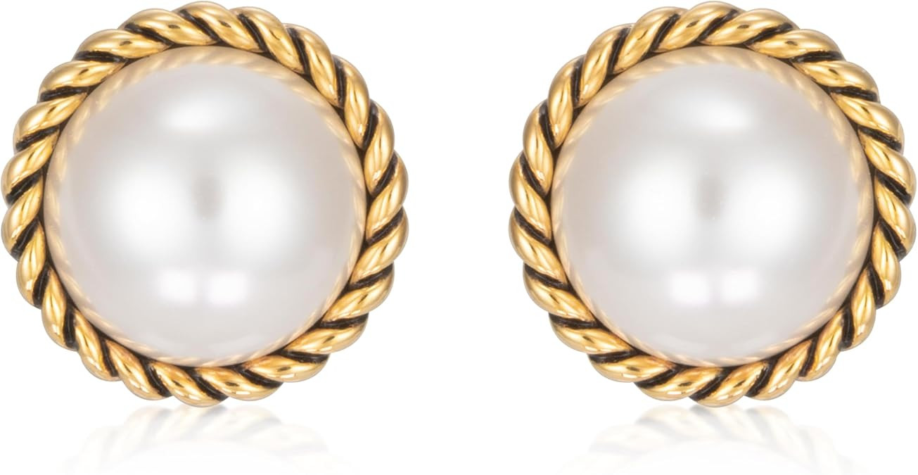 Big Pearl Earrings for Women - Dainty Elegant Gold Statement White Pearl Stud Earrings | Amazon (US)