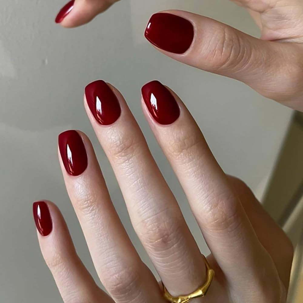 Cherry Red Press On Nails Short Square, 32Pcs 16 Sizes Valentines Soft Gel Dark Red Stick on Nail... | Amazon (US)