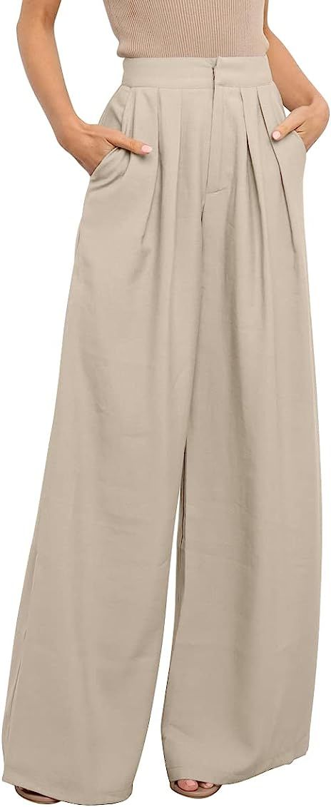 AUTOMET Women's High Waisted Wide Leg Pants Casual Flowy Long Palazzo Pants Trendy Office Trousers D | Amazon (US)