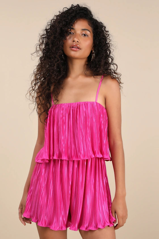 Fun Flirt Hot Pink Satin Plisse Sleeveless Romper | Lulus