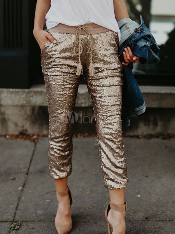 Gold Sequin Pants Drawstring Elastic Waist Cropped Joggers For Women | Milanoo