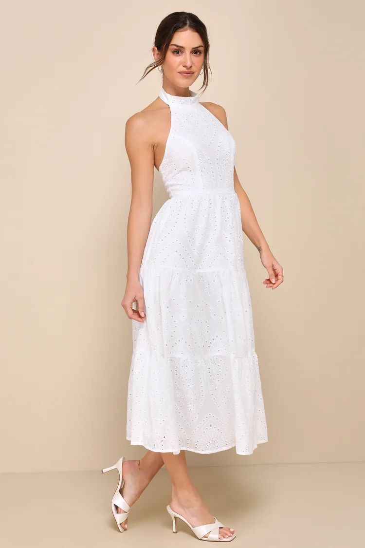 Sunny Perception White Eyelet Embroidered Halter Midi Dress | Lulus