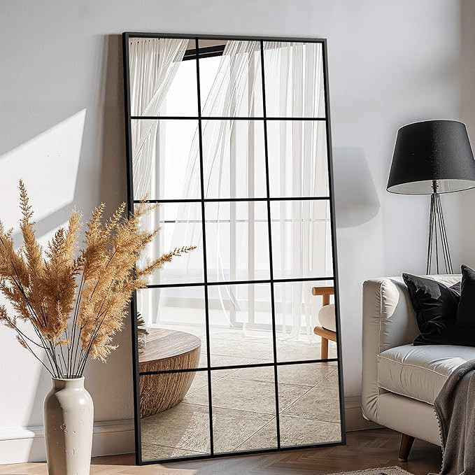 Large Window Pane Full Length Mirror for Wall, 55"x28" Black Rectangular Wall Mirror for Living R... | Amazon (US)