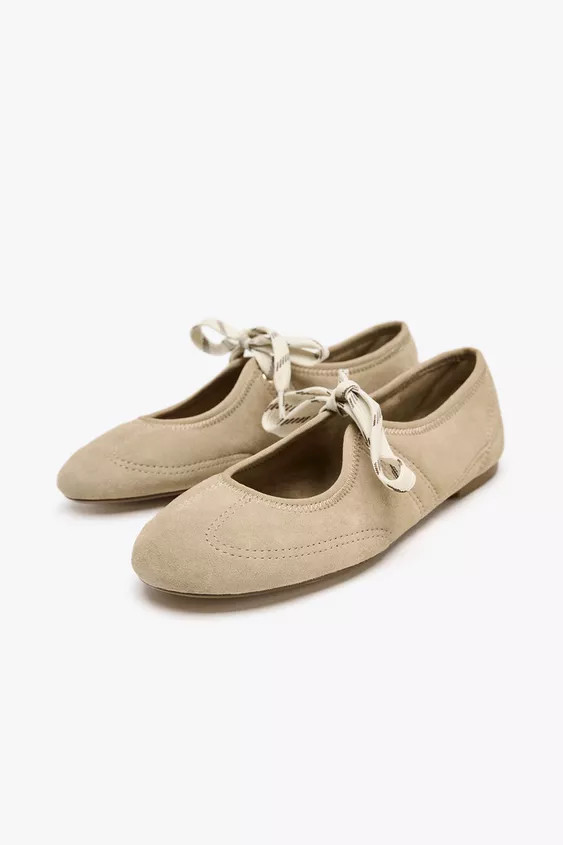 SPLIT SUEDE LACE-UP BALLERINAS | Zara UK
