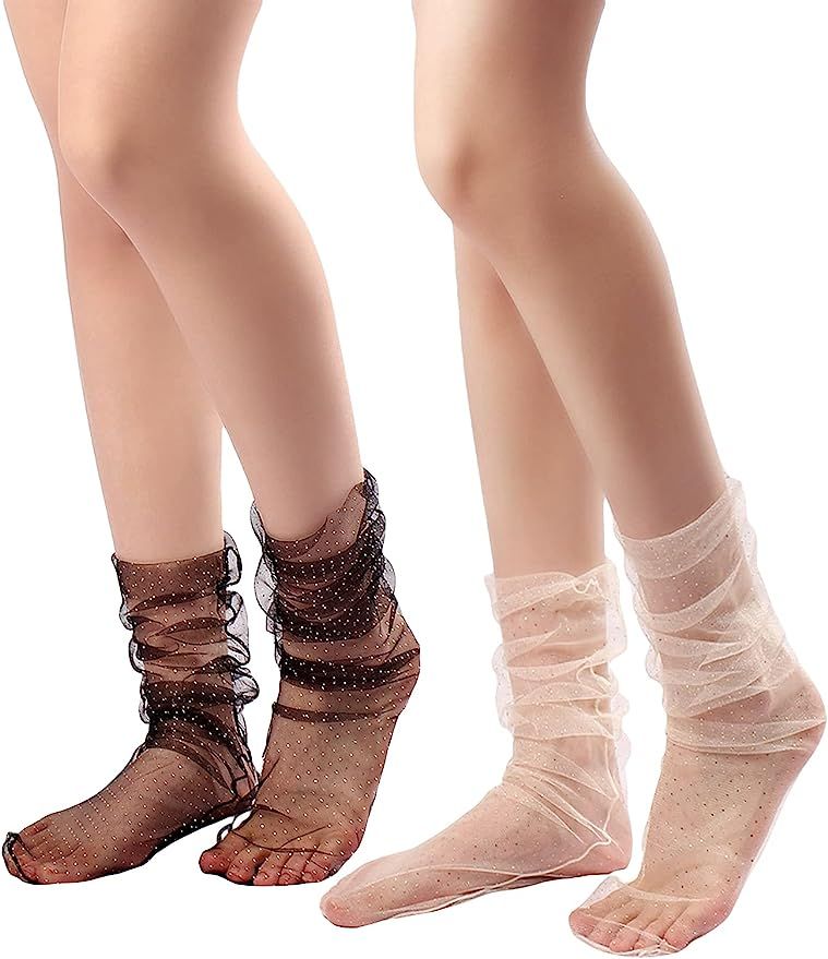 SHENHE Women's 2 Pairs Lace Glitter See Through Mesh Cute Ankle Socks | Amazon (US)