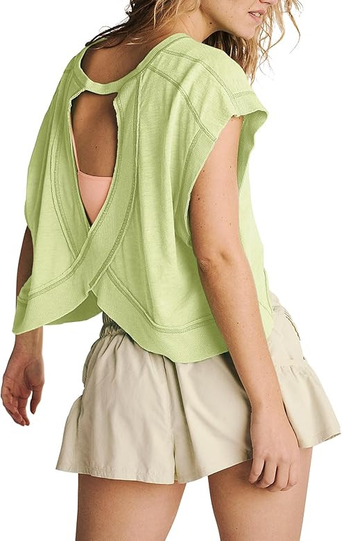 Gacaky Women's Backless Loose Tops Short Sleeve Workout Tops Yoga Tops Dance Clothes Athletic Spo... | Amazon (US)