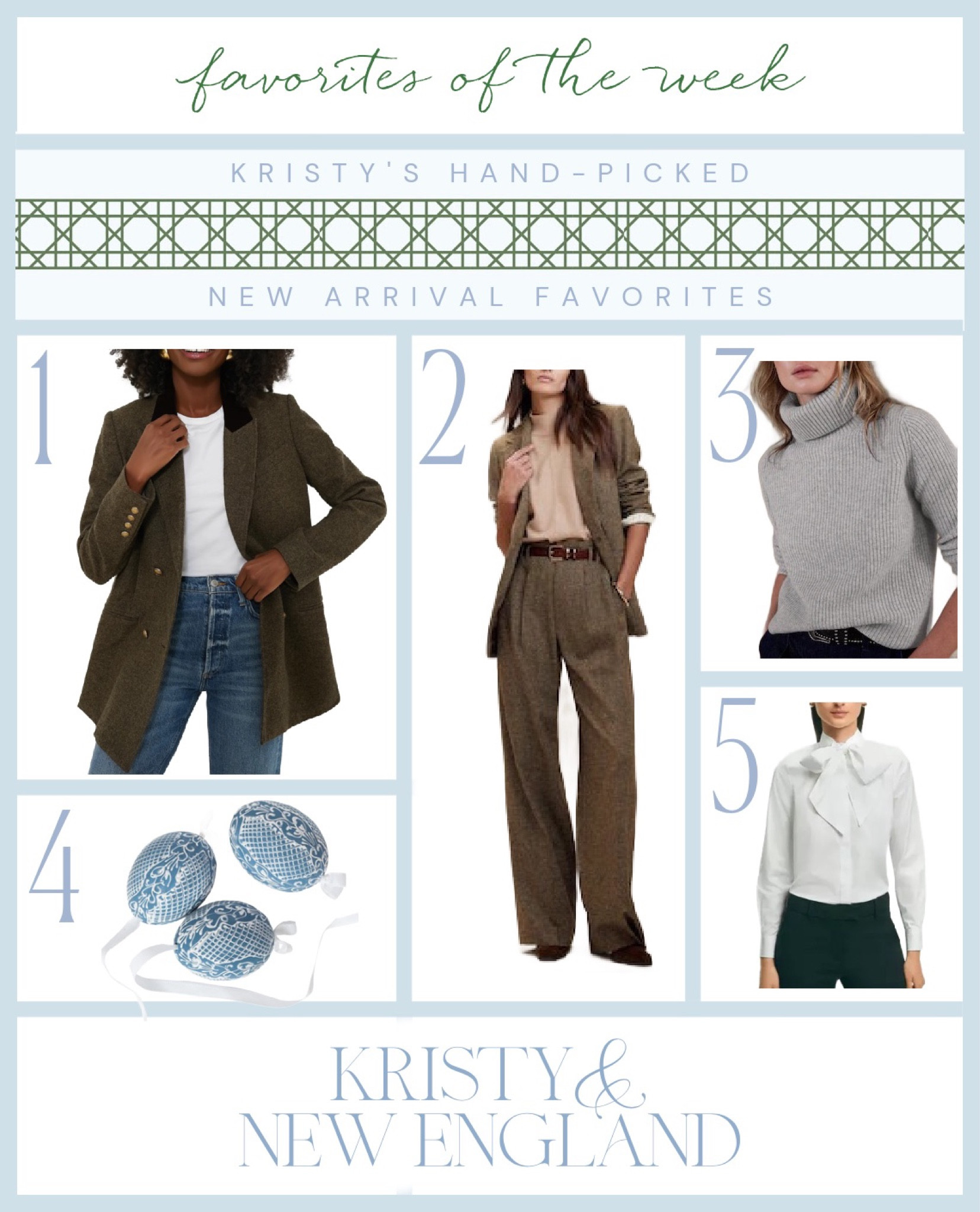 ✨Favorite Finds This Week✨Fab tweed blazer jacket, wool pleated pants & matching blazer & vest, Cashmere turtleneck sweater, painted egg ornaments, crisp white bow blouse

#LTKover40 #LTKSeasonal #LTKHoliday