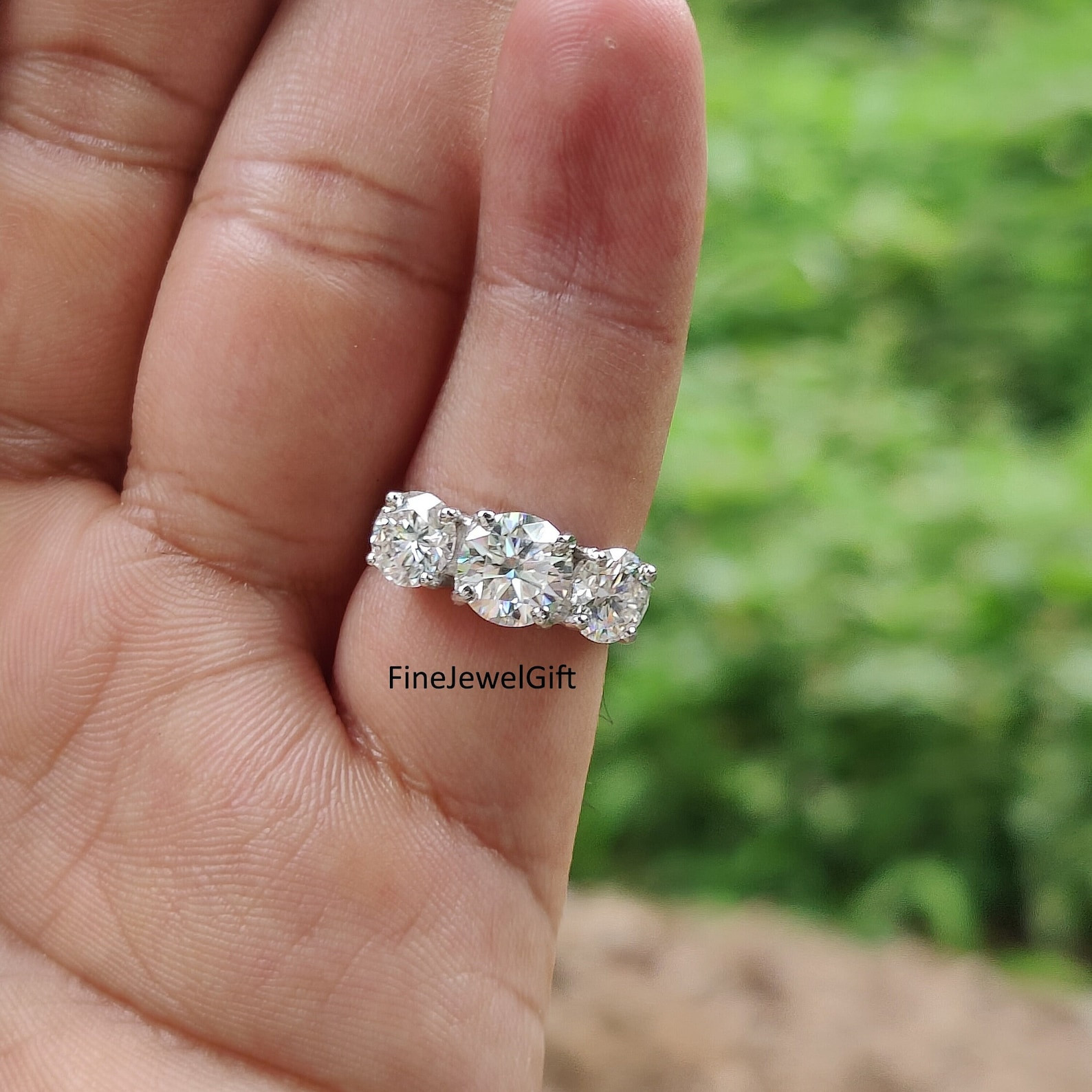 3.27 Ct Colorless Round Moissanite & Lab Grown Ring- 3-Stone Engagement Ring- Solid 14K/18K  Whit... | Etsy (US)