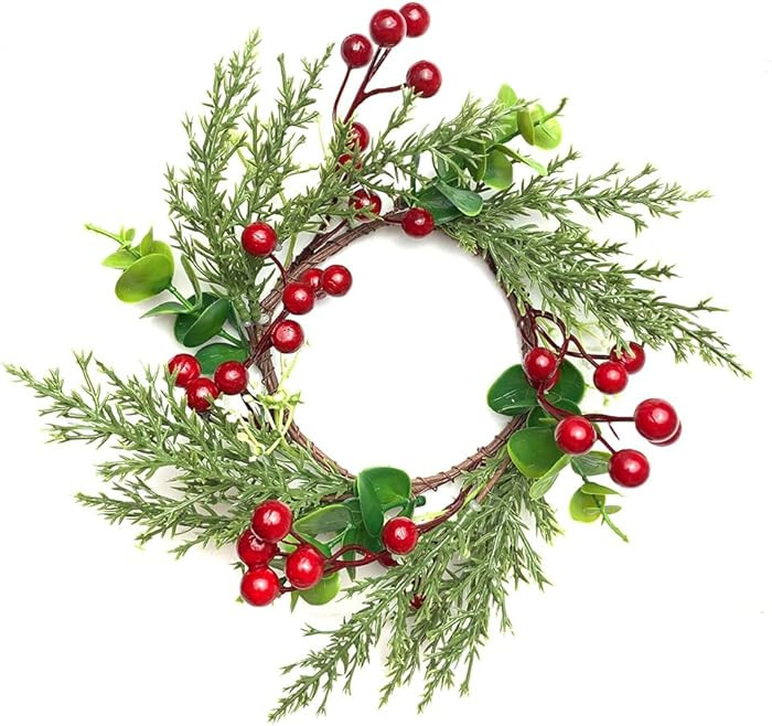 2Pcs Christmas Candle Rings Wreaths 4 Inch Center, Artificial Red Berries and Pine Needles Garlan... | Amazon (US)