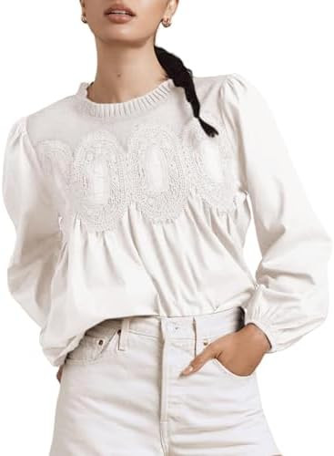 Womens Lace Mesh Flared Blouse Long Sleeve Crew Neck Trendy Floral Embroidered Sheer Lace Poplin ... | Amazon (US)