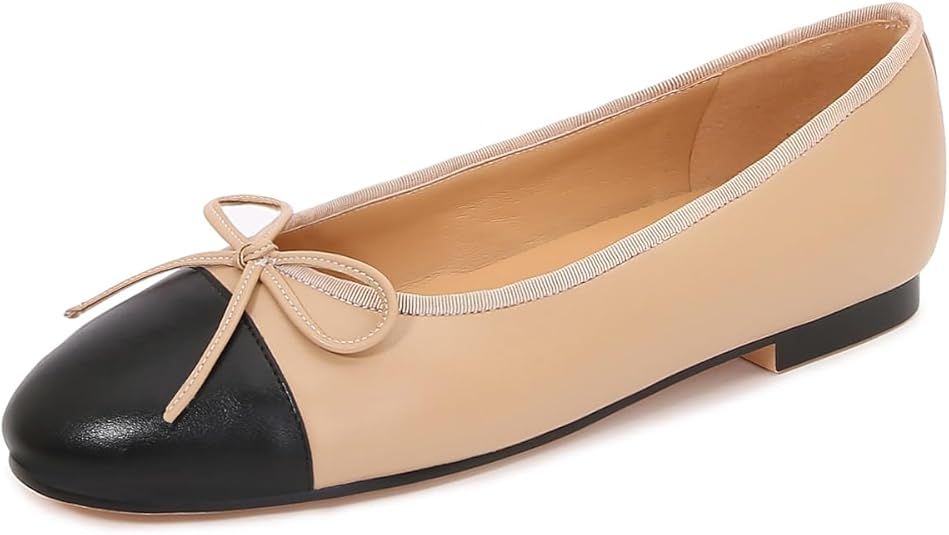 Women's Cap Toe Ballet Flats Two Tone Bow Flats Round toe Shoes for Women Slip on Casual, Work, D... | Amazon (US)