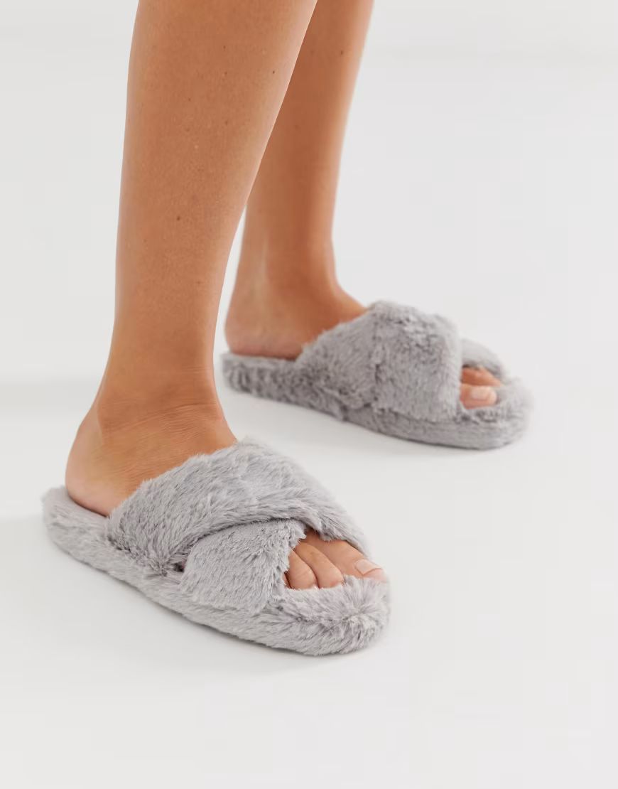 ASOS DESIGN Neve cross strap slider slippers in grey | ASOS (Global)