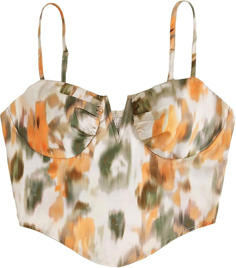 SweatyRocks Women's Spaghetti Strap Ruched Back Asymmetrical Hem Tie Dye Bustier Cami Crop Top | Amazon (US)