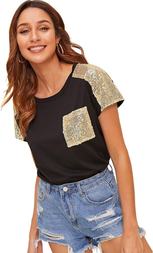 SweatyRocks Women's Casual Contrast Sequins Summer T Shirts Short Sleeve Solid Plain Tee Tops | Amazon (US)