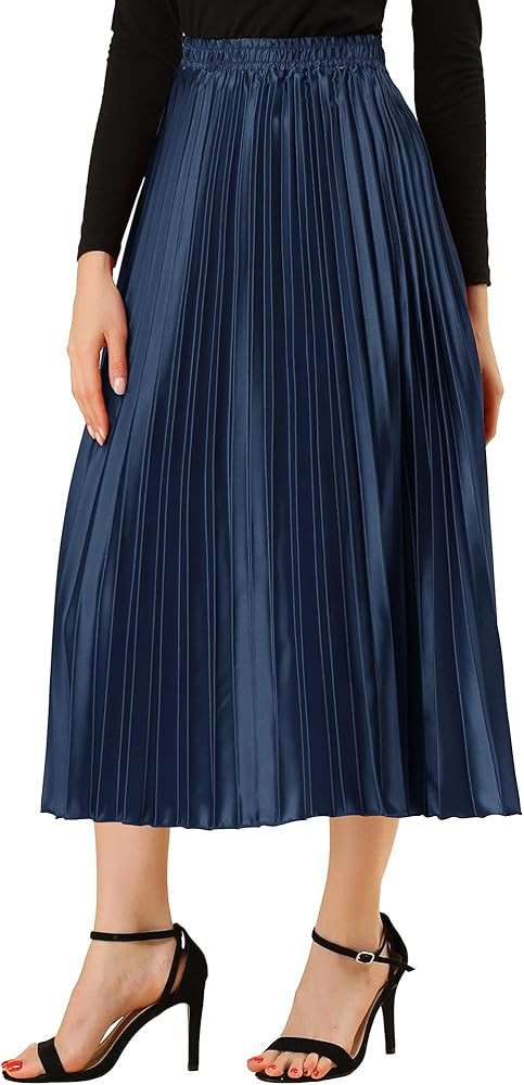 Allegra K Women Pleated Skirt Midi Length Elastic High Waisted A Line Metallic Shirring Party Ski... | Amazon (US)