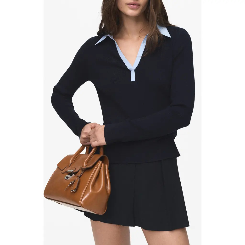 MANGO Mixed Media Collar Sweater in Navy at Nordstrom, Size X-Large | Nordstrom