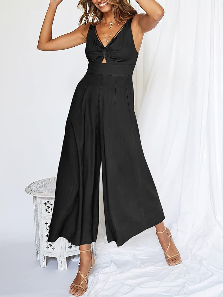 ANRABESS Women's Summer Wide leg Jumpsuits V Neck Smocked Cutout High Waist Thick adjustable straps  | Amazon (US)